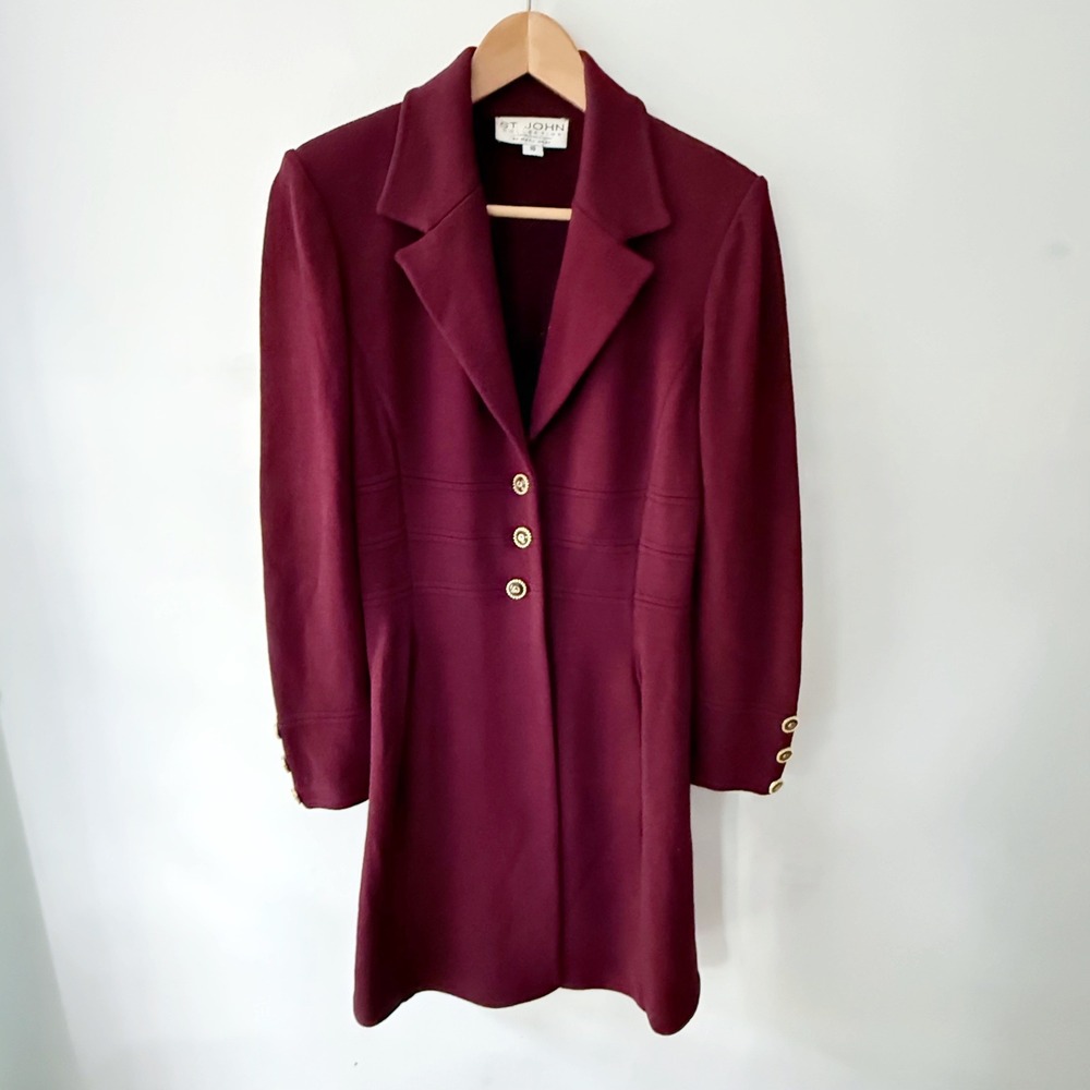 St John Knit Jacket Women 10 Burgundy Blazer Longline Coat Santanna Quiet Luxury